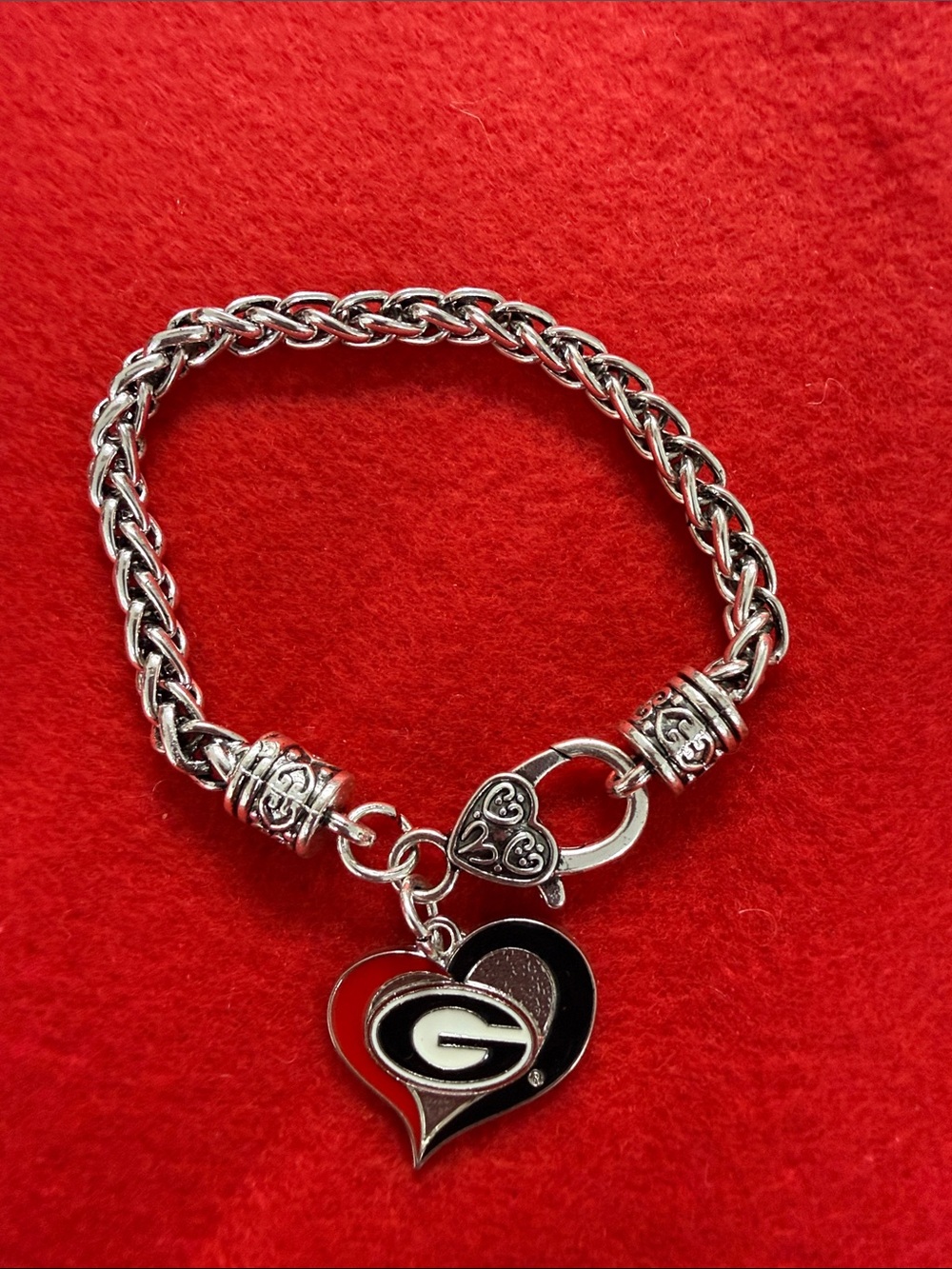 Silver-Tone Heart Charm Bracelet with Red & Black Enamel